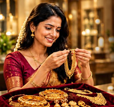 Woman admiring gold jewellery