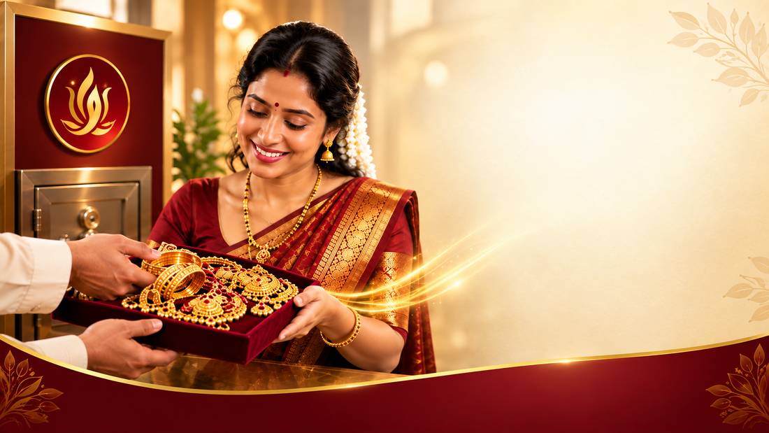 Woman handing over gold jewellery on a velvet tray