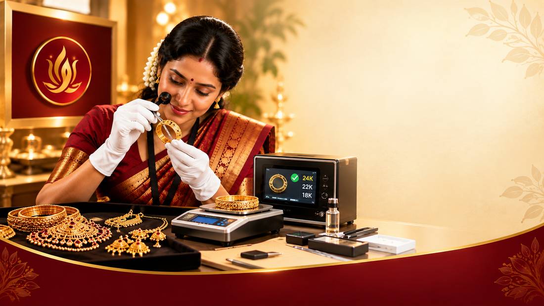 Specialist testing gold jewellery beside a weighing scale