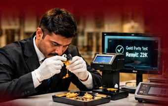 Professional inspecting gold with testing equipment